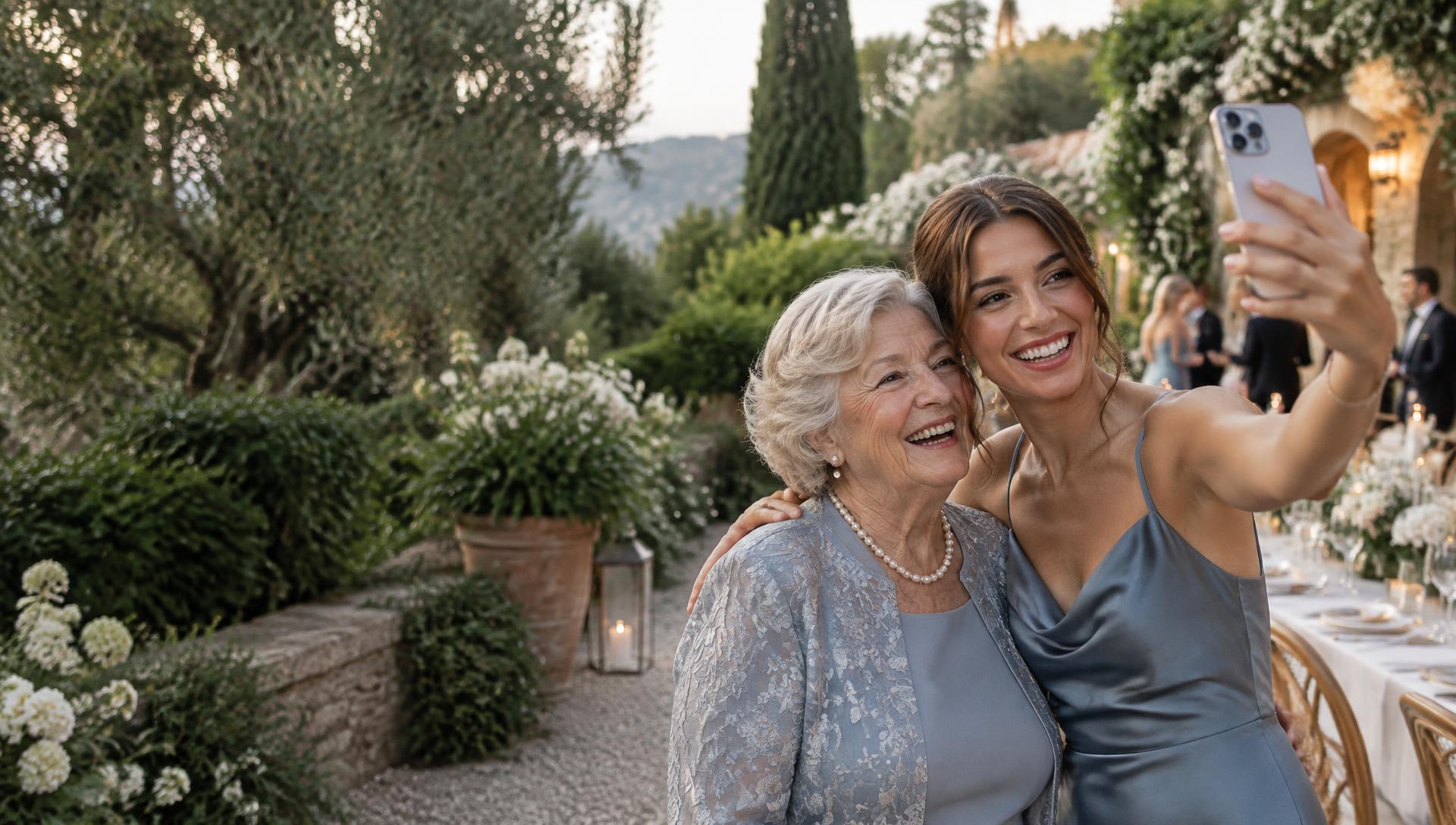 Scena illustrativa: due invitate registrano insieme un messaggio durante un matrimonio